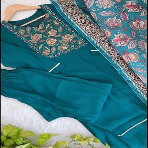 Premium Roman Silk Kurti <b>Set</b> with Handwork Embroidery, Glass <b>Mirror</b> Detailing & Digital Print Chinon Dupatta - Product Image 1