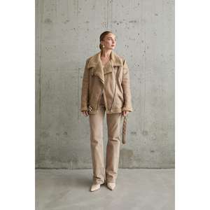 Wholesale Shearling Fur-<b>Lined</b> Beige <b>Jacket</b> with Epaulets Windproof Feature - Product Image 5