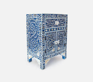 Mesita de noche gris artesanal de lujo con incrustaciones de hueso, mesita de noche con patrón Floral, cajones laterales de madera, producto artesanal de resina - Product Image 2