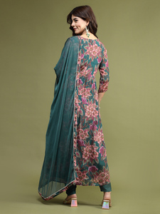 Angrakha con Estampado Floral, Mangas Tres Cuartos, Hecho a Mano, Algodón Puro, Cuello en V, Adorno de Espejos, Kurta de Verano con Pantalones y Dupatta - Product Image 4