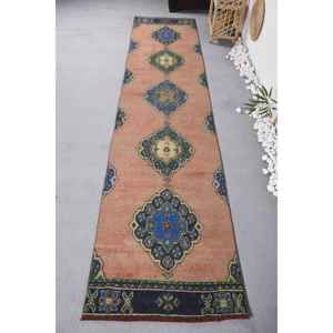 Hecho a mano Vintage azul Beige lana Patchwork alfombra 2,6X10,9 pies Rectangular patrón abstracto para sala de estar látex respaldado PVC - Product Image 1