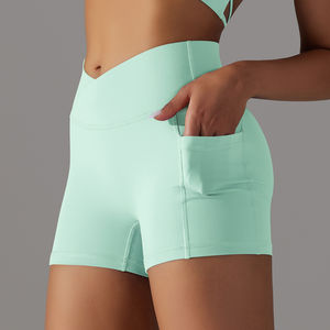 Shorts de Yoga de Compresión para Mujer, de Alta Calidad, Poliéster/Spandex, Cintura Alta Cruzada, Bolsillos Laterales, Secado Rápido, con Estampado - Product Image 3
