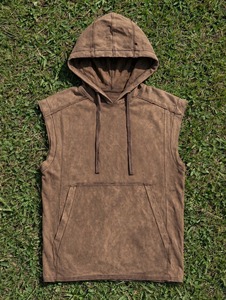 Wholesale Custom Men's Washed Vintage <b>Sleeveless</b> Hooded Tank Top Brown Oversized <b>Hoodie</b> Vest Streetwear Gym 100% Cotton - Product Image 2