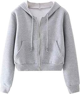 Sweat-shirt à capuche court zippé pour femme, veste légère en polaire, pull décontracté style streetwear pour le printemps et l'automne - Product Image 1