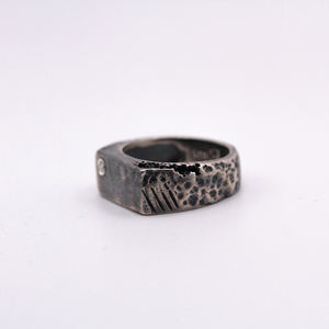 Handmade 925 Sterling Silver Vintage Oval Cut Lab Grown Diamond Certified <b>Ring</b> Black Rhodium Plated Textured Organic Unisex Band - Product Image 4