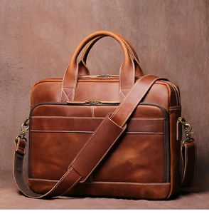 Classic Cowhide Leather Laptop Briefcase with Shoulder Strap Crossbody Large Capacity Portable Durable Office <b>Bag</b> Zipper Closure - Product Image 1