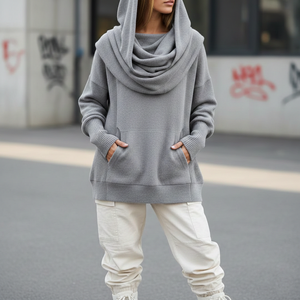 เสื้อฮู้ดผู้หญิงแฟชั่นผ้าผสมโพลีเอสเตอร์/คอตตอนคุณภาพสูง ทรงโอเวอร์ไซส์ แต่งผ้าริบ ด้านหน้าลำลอง สำหรับฤดูหนาว - Product Image 5