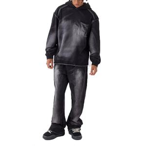 100% coton respirant lavage à l'acide survêtement motif solide 2 pièces ensemble à capuche pantalons de survêtement écologique grande taille hiver Jogging - Product Image 1