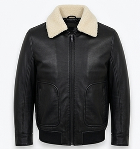 <b>Men</b> Premium Genuine Leather Bomber <b>Jacket</b> Zipper Closure Cozy Removable Fur Collar Winter Warmth Streetwear Style Quick Dry - Product Image 2