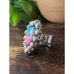Southwest Handmade Multi Stone Sterling <b>Silver</b> <b>Adjustable</b> Cluster <b>Ring</b> 6mm Bezel & Invisible Setting Casual Gift - Product Image 4