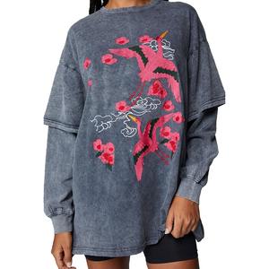 2025 tendencia de los hombres de doble capa Casual de manga larga de gran tamaño lavado ácido 100% algodón/fibra de bambú camiseta bordado Logo estampado - Product Image 3