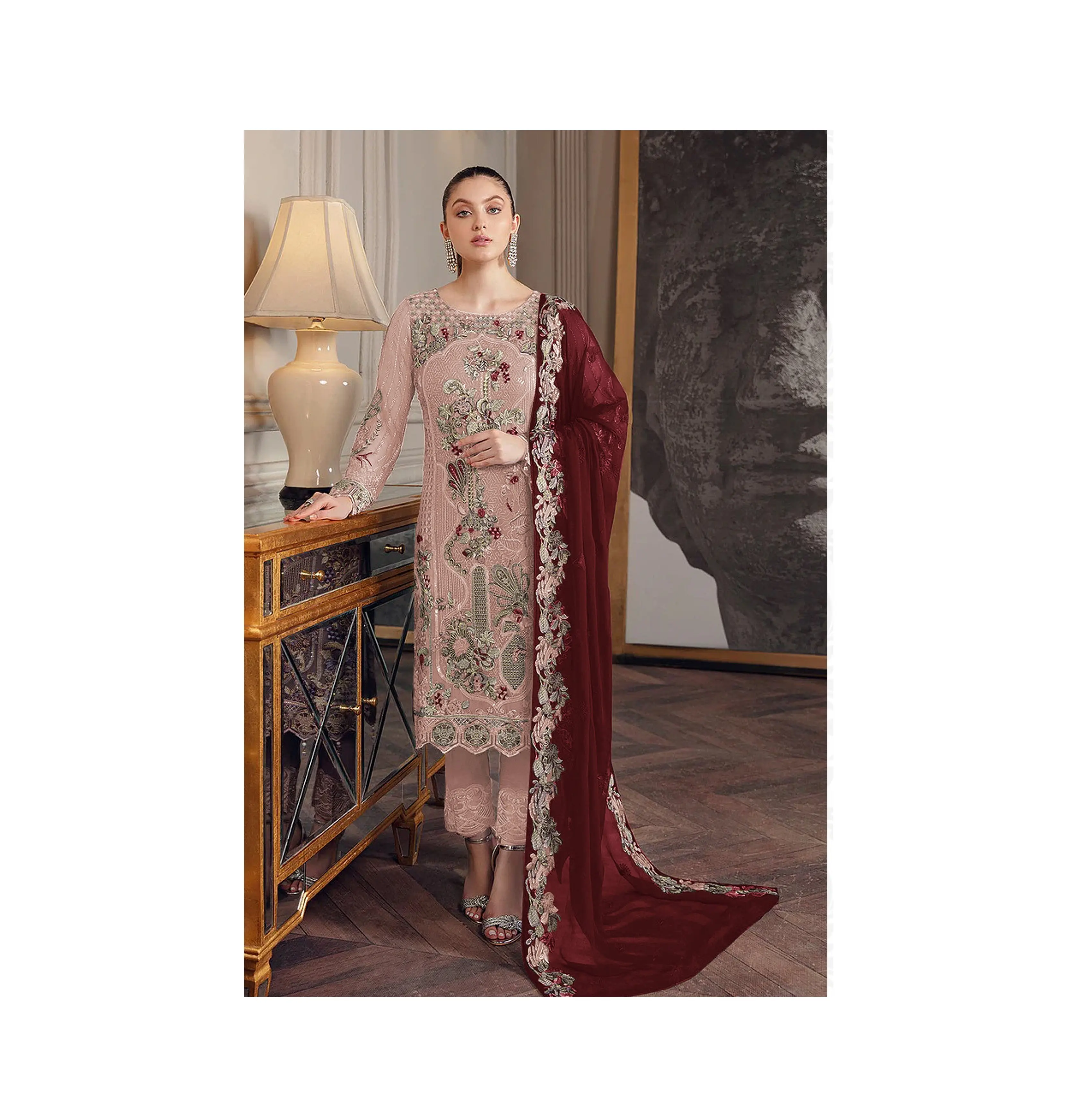 India Pakistan Georgette bordir kerja mewah Salwar Kameez cocok untuk wanita koleksi pernikahan Saree gaun panjang gaun