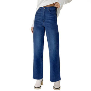 Pantalones vaqueros de pierna recta de cintura alta personalizados para mujer, pantalones holgados Deshilachados, dobladillo crudo, sueltos, elásticos, recortados, de pierna ancha, pantalones vaqueros sólidos para mujer - Product Image 3