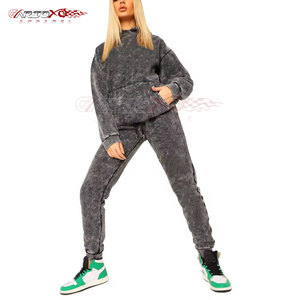 Ensemble de survêtements délavés à l'acide pour femmes avec texture élégante et pantalon ample Pullover Hoodie Women Acid Wash Tracksuit - Product Image 1
