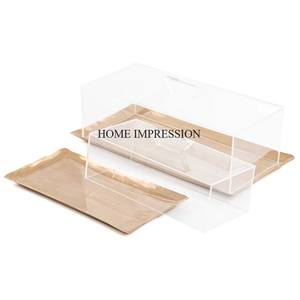 Lot de 2 plateaux de service en métal plaqué or de qualité supérieure en forme de rectangle avec couvercle supérieur en acrylique du fournisseur indien - Product Image 1