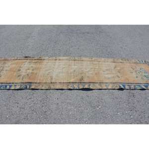 Tapis Vintage en Laine Turque 24X10 pieds Beige Bleu Patchwork Design Boho Style Latex pour Grandes Chambres pour Couloir Chambre - Product Image 3