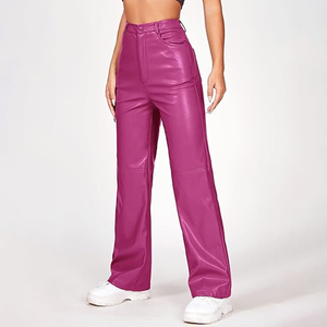 Factory Price Customized Unisex Lightweight Leather Breathable Track Pants High Waisted Straight <b>Wide</b> <b>Leg</b> Mid Waist Flat Front - Product Image 3