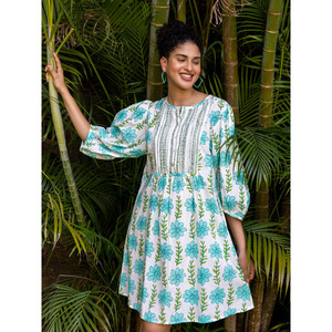 Vestido Midi de Algodón con Estampado Aloha - Vestido Casual con Mangas Abullonadas para Fiesta, Disponible en Tallas Grandes - Product Image 3