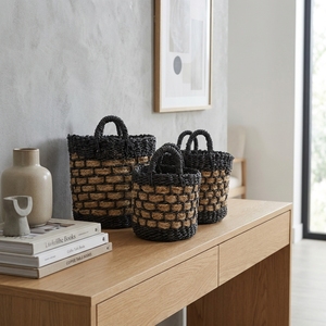 Natural Seagrass Recycled <b>Plastic</b> Storage <b>Basket</b> Set Black Border Block Weave Arch Handle Pot Planter Organizer Setup Pure Art - Product Image 5