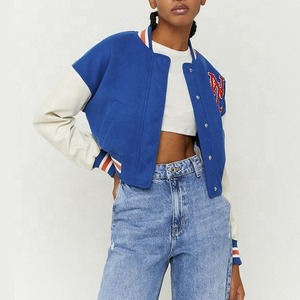 High Quality Custom Logo Varsity Letterman <b>Jacket</b> Fashion Woman Leather <b>Sleeve</b> Baseball <b>Short</b> <b>Jacket</b> Women For Winter season - Product Image 2