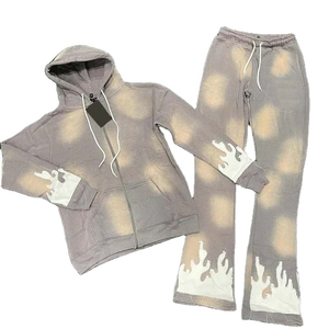 Jogging personnalisé pour hommes sweats à capuche avec fermeture éclair délavés à l'acide et ensemble de pantalons de survêtement évasés surdimensionnés en strass - Product Image 4