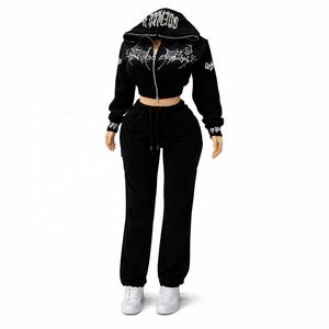 Nouvel ensemble de survêtement streetwear en strass, sweat à capuche zippé intégral en cristal, pantalon de jogging ample, style gothique unisexe, survêtement noir - Product Image 1