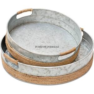 Fourniture directe d'usine en acier inoxydable argent brillant poli ensemble de 2 plateaux de service de forme ronde avec poignée design pour une meilleure prise en main - Product Image 4