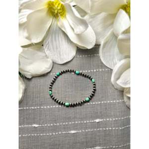 Navajo-Made Kingman Turquoise & Sterling <b>Silver</b> Stretchy <b>Bracelet</b> Ball Shape Pattern for Gift - Product Image 1