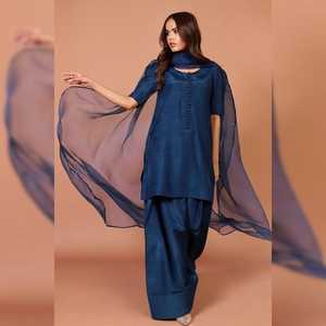 Patiala Shalwar Bouton Fermeture Casual Wear 3 Pièces Pakistanais Farshi Indien Punjabi Robes avec Motif Solide - Product Image 6