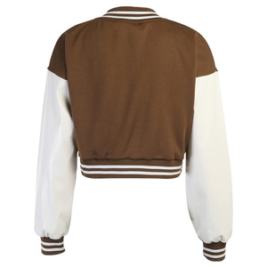 High Quality Latest Design Women Cropped Varsity Jacket <b>Brown</b> Color Cow Hide Leather Sleeve Lettermen Embroidered Street Style - Product Image 5