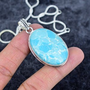 Trendy Natural Larimar Gemstone <b>Sterling</b> <b>Silver</b> Plated Link Chain <b>Necklace</b> for Women Dainty Bohemian Wedding Gift - Product Image 1
