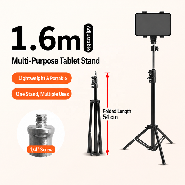 1.6m Adjustable Tablet Floor Stand, Tripod Holder for iPad Phone, Live Streaming, Video, Bedside, Photo Shooting