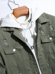 Chaqueta Vaquera de Primavera de Alta Calidad para Hombre, Cuello Alto Personalizado, Bolsillo con Solapa, Estilo Urbano, Diseño Desgastado y Roto, Fabricante Directo - Product Image 2