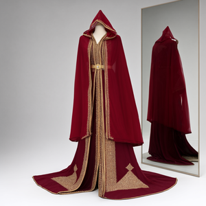 Robe de soirée vintage marocaine brodée en satin, coupe trapèze, longue, manches longues, col rond, traîne Watteau, pour femme - Product Image 3