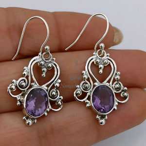 Boucles d'oreilles pendantes en améthyste faites à la main, argent sterling 925, bijoux bohèmes en pierres précieuses - Product Image 2