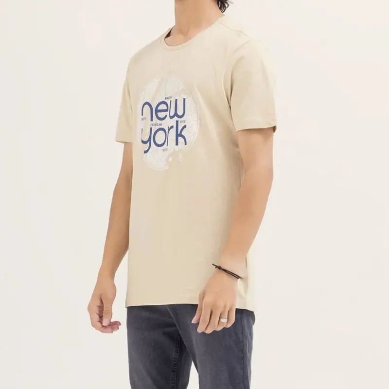 ニューヨークのロゴプリントフロントブランクライトスキンカラー伸縮性生地軽量メンズTシャツ