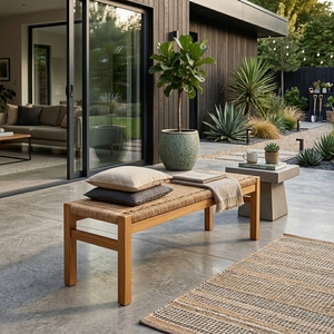 Natural Solid Teak Wood Paper Cord Woven <b>Bench</b> Long Outdoor Patio Garden Dining <b>Bench</b> Room Setup Decor Pure Art Room Design - Product Image 5