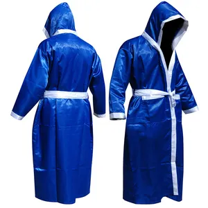 高品质轻质蓝色拳击长袍训练服来样定做标志和标签带兜帽的全长拳击长袍