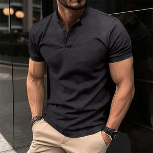 2025 Summer Men's Casual Sports Urban Pullover Breathable 100% Cotton <b>Short</b>-<b>sleeved</b> for Polo Shirt Henry Collar <b>Button</b>-<b>up</b> Solid - Product Image 2