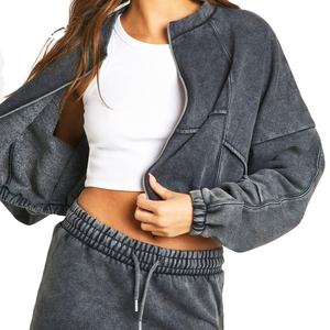 Ensemble 2 pièces vintage délavé à l'acide pour femme, coupe courte, manches longues, design uni, tenue décontractée, MADE BY HAIDIIII SPORTS 2026 - Product Image 3