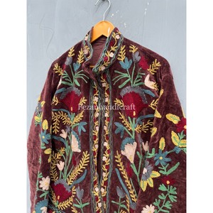 Luxury Unisex Cotton Velvet Jacket with Hand Embroidery Uzbek Suzani Style Autumn Boho Casual <b>Coat</b> for Women Knitted Processing - Product Image 4