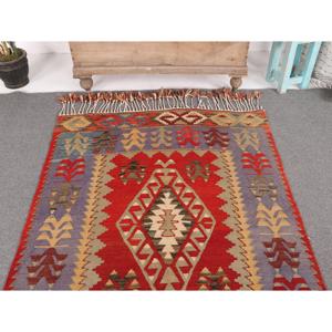 Vintage Turkish Rug, Area 3.9x7.2 ft (119x219 cm) Rug, <b>Red</b> Patchwork <b>Wool</b> Rug - Product Image 3