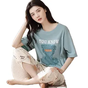 2023 new summer pajamas women's cotton short-sleeved cropped pants suit women's summer loose large size home service