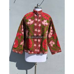 Veste courte en velours personnalisable pour femme, automne, manteau en tricot de coton d'hiver, broderie florale ouzbek, tissu Suzani personnalisable - Product Image 6