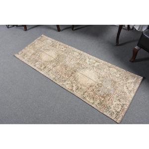 พรมตุรกีขนาด 2.1x6 ฟุต สีน้ำตาลเบจ ลายปะติดปะต่อ ทำจากขนสัตว์ วินเทจ - Product Image 1