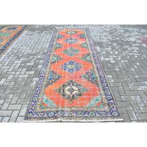 Vintage <b>Runner</b> Rug 4.2x12.3 ft (129x375 cm), Turkish <b>Red</b> Oriental Wool Rug - Product Image 1