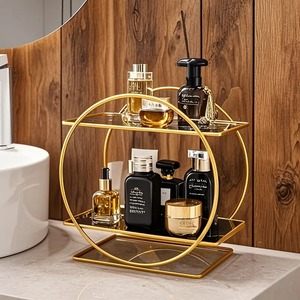 Elegant Golden Round Metal <b>Shelf</b> - UV Coated, Two-Tiered Decorative Organizer for Bathroom & Living Room etc. - Product Image 1