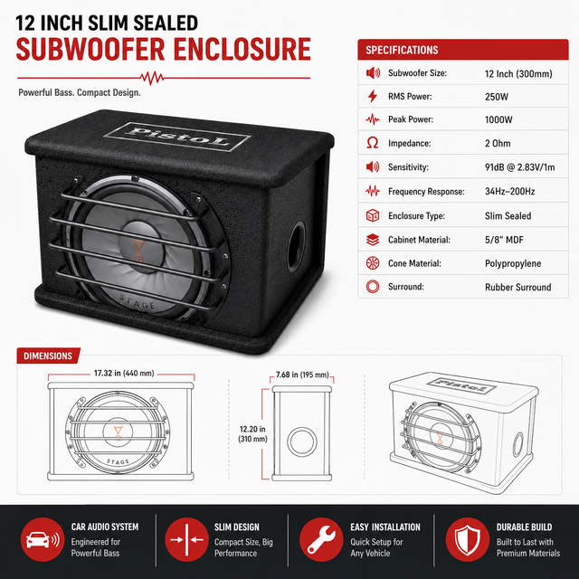12 Inch Active Car Subwoofer Bass Reflex Box Built-in Class D Amplifier 12V RCA High Level Input Trunk Bass Enclosure