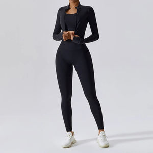 Combinaison d'entraînement de gymnastique 3 pièces pour femmes soutien-gorge de sport à dos haut côtelé sans couture Fitness Yoga Shorts débardeur pantalon avant Logo solide - Product Image 2