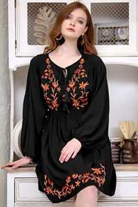 Recién llegado, Túnica para mujer, Tops de gran calidad, algodón negro, manga larga holgada, cuello en V, bordado, estilo dulce, teñido liso, Natural - Product Image 4